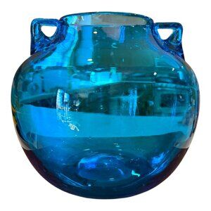 PERSIAN Blue Hand Blown Art Glass BLENKO Round Bulb Vase 2 handled Rose Bowl